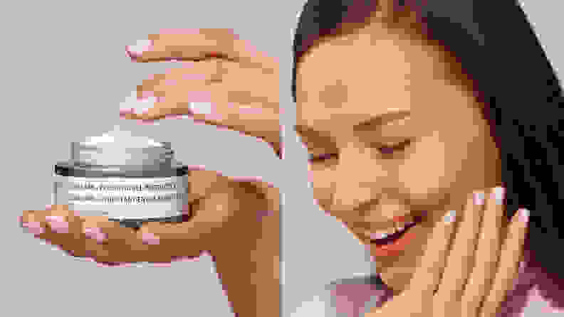 On the left: A hand holding a green and gold jar uncapped to reveal a white cream. On the right: A closeup on someone's face as they apply white cream to their cheek.