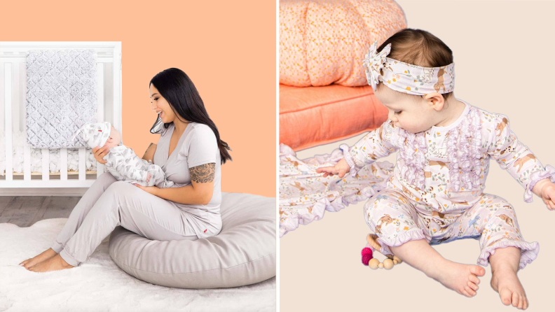 On left, person sitting on the floor while holding newborn babt on floor next to crib. On right, toddler sitting on floor while wearing printed Magnetic Me coverall.