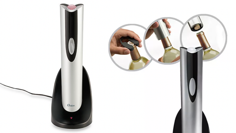 A cordless wine opener uncorks bottles.