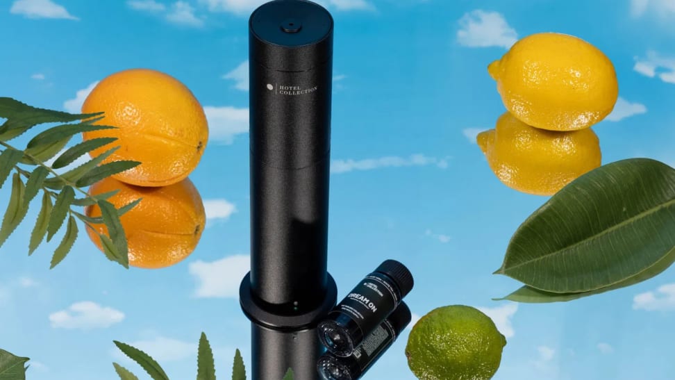 Hotel Collection diffuser with Dream On scent sits on a blue sky background