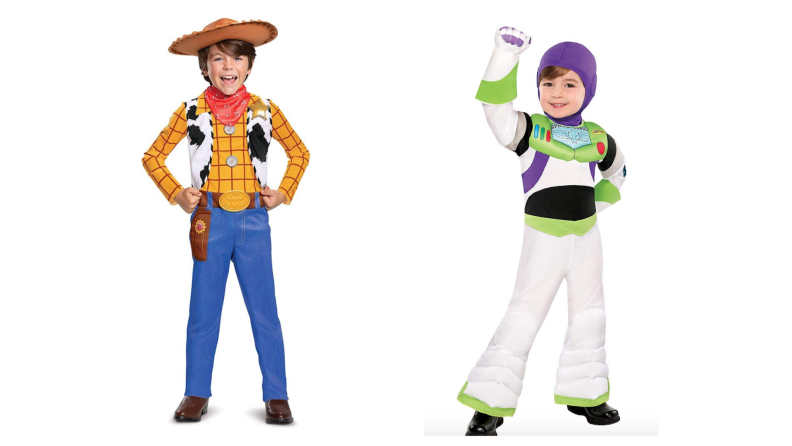 Two kids wearing Woody and Buzz Light Year costumes