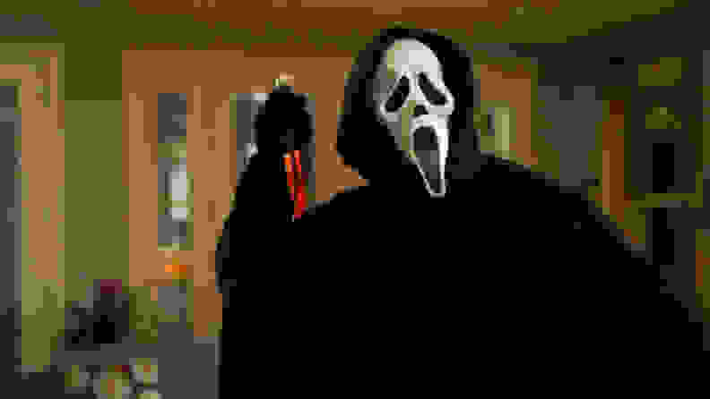 The Ghostface killer from "Scream" with a knife in hand.