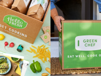 在左边，一个盒子装满了你好的新鲜餐套装;一些新鲜的农产品，包括柠檬绿辣椒和干意大利面散落在盒子和食谱卡周围。在右边，一个人试图举起一个装满膳食套件的绿色厨师盒。