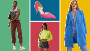 拼贴图片以温暖的肉桂色Everlane裤子，热粉色Viv d’orsay高跟鞋，青柠绿色Urban Outfitters上衣和太平洋蓝色J. Crew大衣为特色。