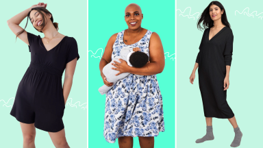 Product shots of different models wearing maternity dresses from Ingrid + Isabel, Latched and Hatch.
