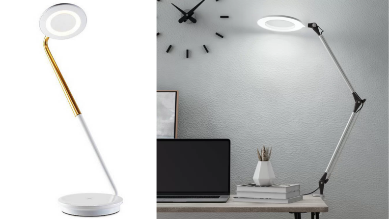 Two images, the first of a white desk lamp, the second of a different desk lamp in a room on a desk.