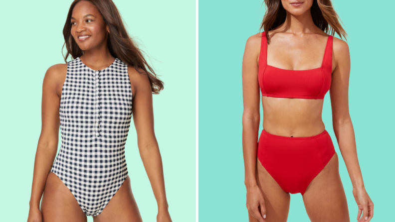 Collage of two models wearing bathing suits: One is a black gingham plaid one-piece, the other is a red two-piece.
