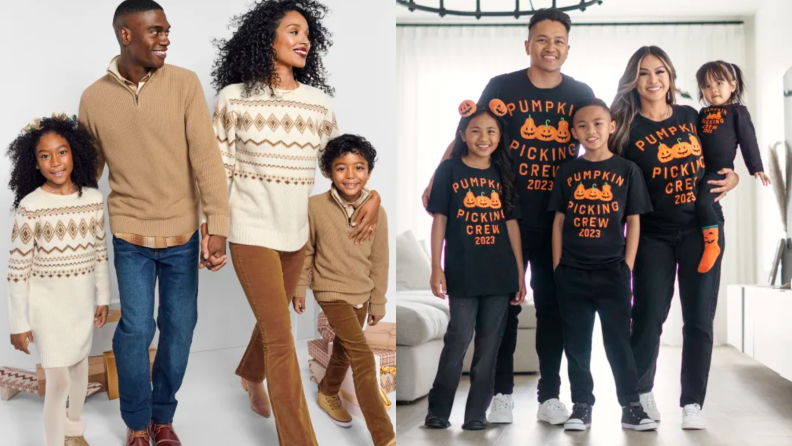 Two families. One in fall flannel-style clothes looking very elegant and stylish in browns. The other is in blacks with pumpkin-patch theme.