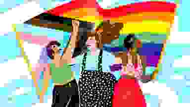 Graphic of three people wearing colorful outfits with the pride flag and trans visibility flag behind them