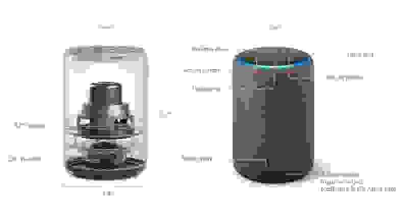 Side by side images showing the speakers inside the Echo and the exterior buttons and ports