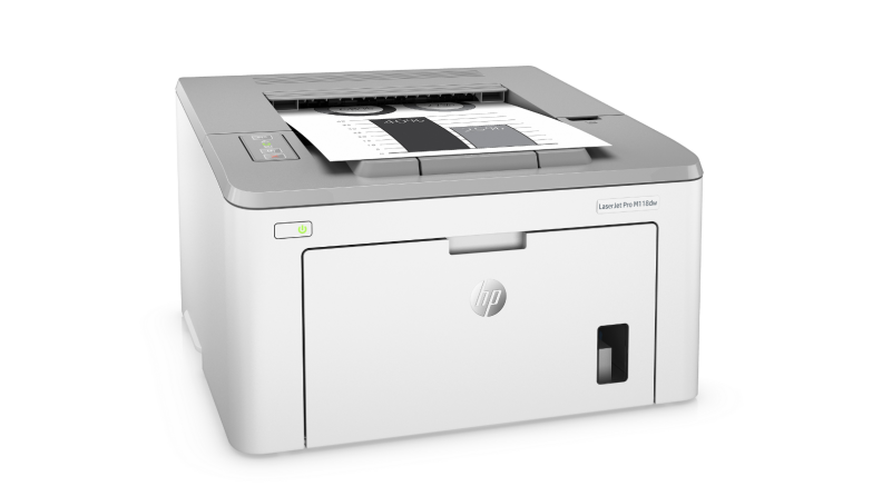 An image of a gray and white HP printer with a paper about to go into the tray.