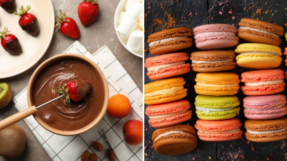 On left, a photo of a strawberry being dipped into a bowl of chocolate fondue. On right, three rows of colorful macarons shot from above