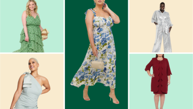 Collage image of women wearing a green tiered dress, a blue floral-print midi dress, a silver sequined jumpsuit, a one-shoulder sage green dress, and a burgundy jacket dress.