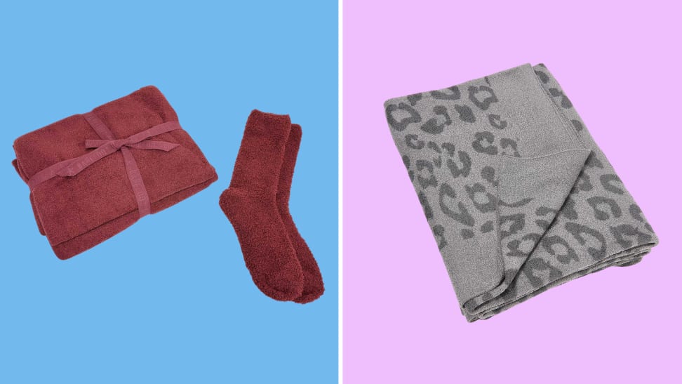 The Barefoot Dreams Pashmina and Sock set in front of colored backgrounds.
