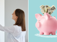 On left, person using mounted thermostat to adjust heat in home. On right, pink piggy bank with money sticking out.