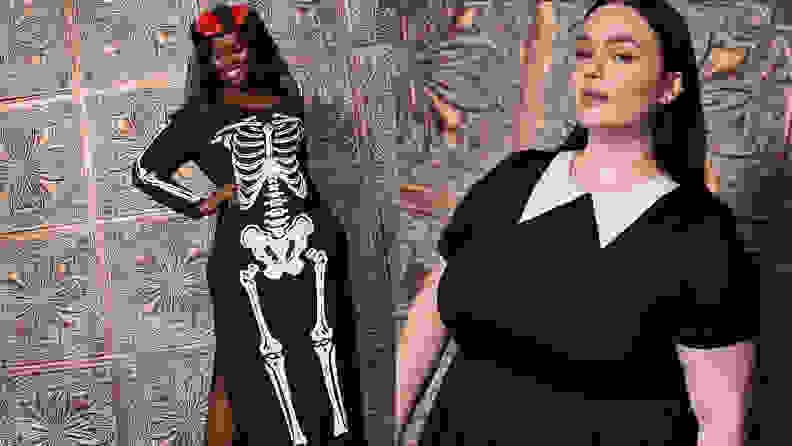 A woman wearing a skeleton costume next to a woman wearing a wednesday adams dress