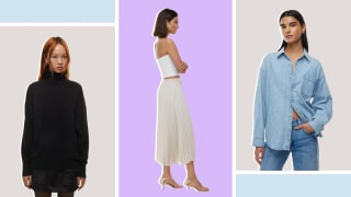 Collage of a model wearing a black turtleneck, a model wearing a white pleated skirt, and a model wearing a denim shirt.