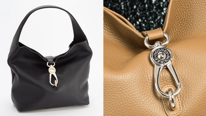 Left: Dooney & Bourke black satchel  on white background, Right: Hook on cream leather handbag