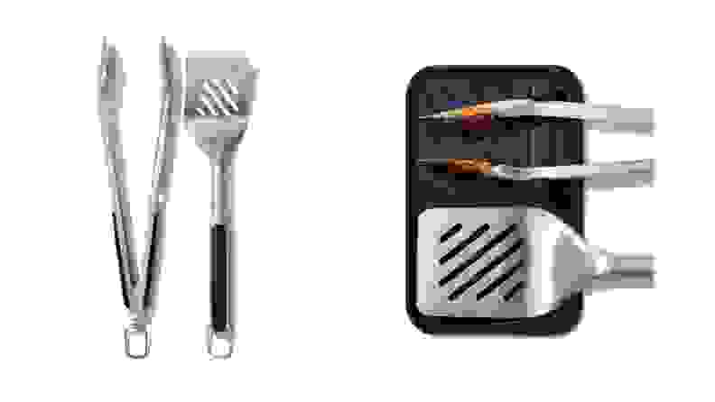 Left: A set of grilling tongs and spatula against a white background. Right: The top of the same grilling tongs and spatula arranged on a black silicone rest.