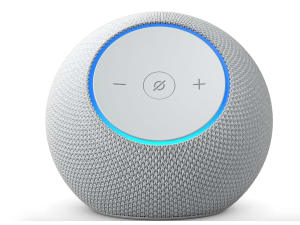 Amazon Alexa smart speakers including the kids Dot, the Echo and the Echo Pop sit on a blue background