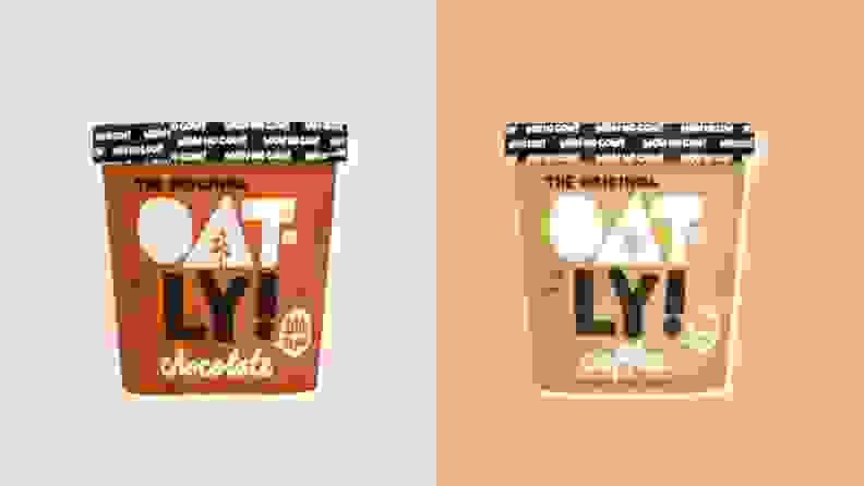 Two pints of dairy free ice cream from Oatly side by side.