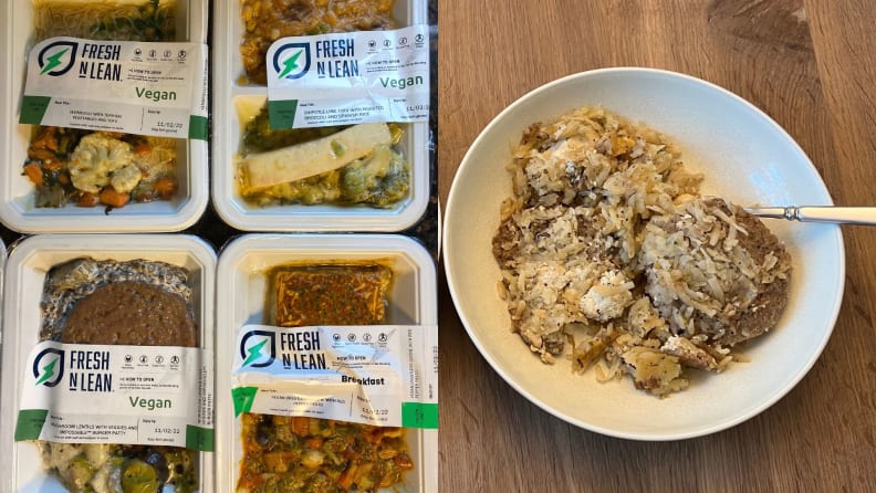 Left: four Fresh N Lean prepared meals in their packaging.Right: Fresh N Lean breakfast in a plate