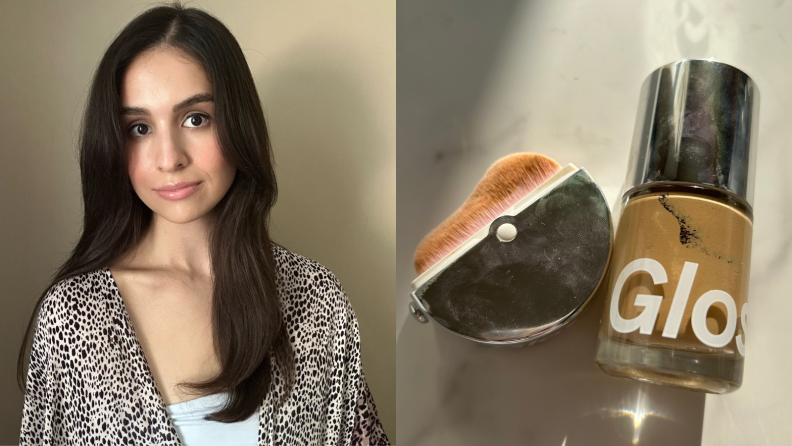 Portrait of a woman and a makeup brush next to a bottle of foundation.