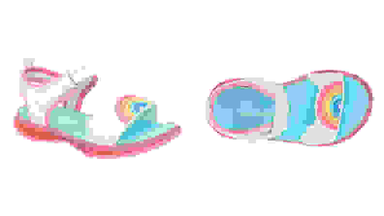 White, pink, and teal sandals with a rainbow on them