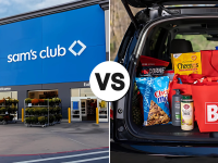Side-by-side image of a Sam’s Club storefront and the trunk of a car filled with groceries from BJ’s Wholesale Club, with a “VS” graphic in the center.