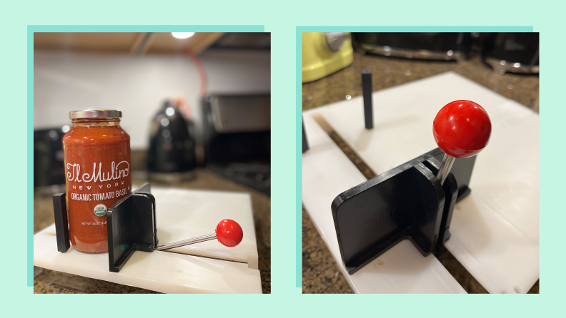 A glass jar secured on a cutting board.