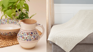 Left: hand-painted jug next to hand-painted bowl plate and plant; Right: cashmere and aran knit throw blanket in cream color on grey couch