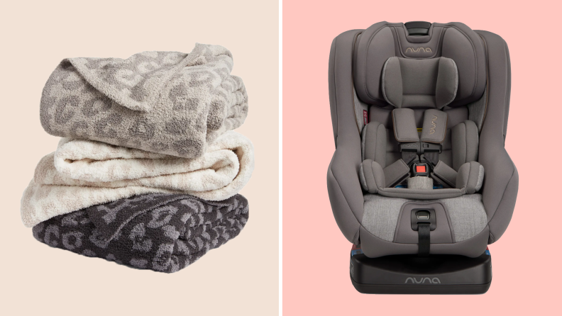 A collection of towels against a grey background on the left. An infant's car seat against a pink background on the right.