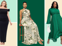 Collage image of women wearing a black gown, a floral green gown, and a green pleated dress.