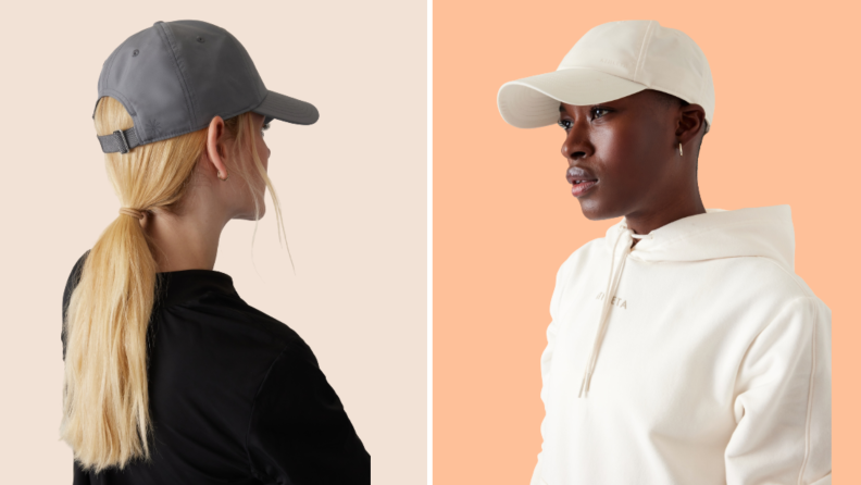 A gray baseball cap and a white cap.