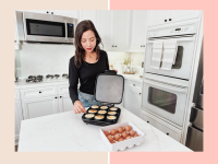 Woman opening a Dash Egg Bite Maker on a kitchen counter