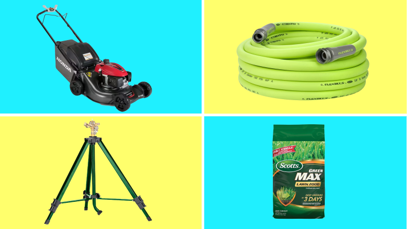 On top left, product shot of  Honda 663020 21 lawnmower. On top right, product shot of the Flexzilla garden hose. On bottom left, product shot of the e Orbit Impact Sprinkler. On bottom right, product shot of  Scotts Green Max.
