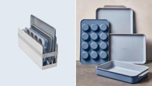 Left: Blue-colored bakeware in storage organizer. Right: blue-colored bakeware from Caraway on a table.