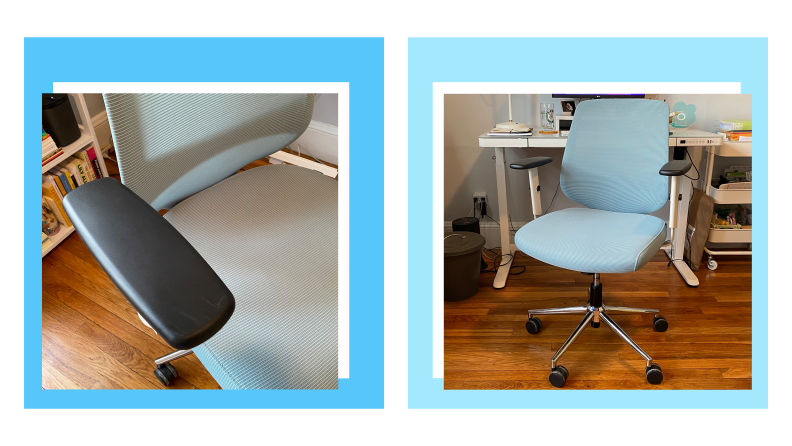 Side-by-side shots of the chair in front of a background.