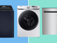 From left to right is the: GE Profile PTW900BPTRS washer, Samsung WF45R6100AW washer, and the Hisense HUI6220XCUS dishwasher.