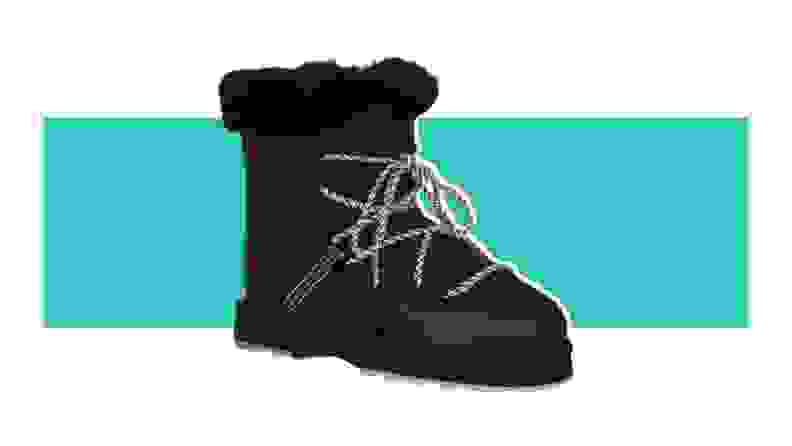 A black boot with shearling cuffs.