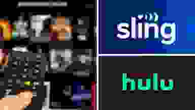 The logos for Sling TV and Hulu next to a hand holding a remote in front of a screen.