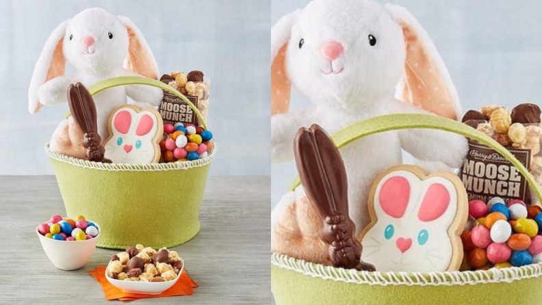 A small felt Easter basket with a rabbit cookie and snacks.