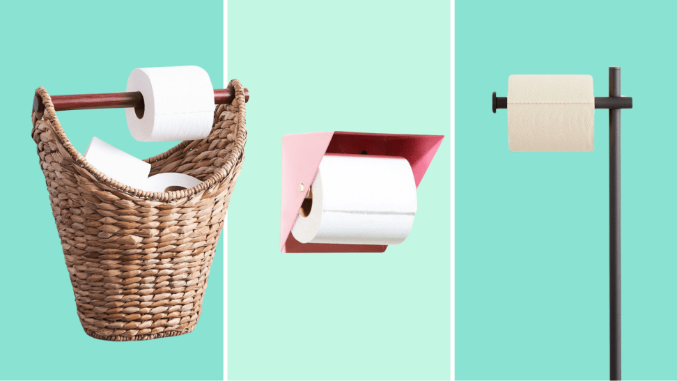 A basket full of toilet paper, a wall attachment in pink, and a toilet paper stand appear together.