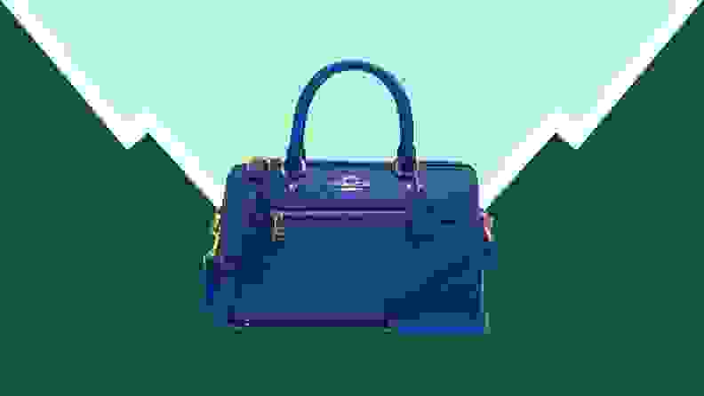 A blue purse against a green background.