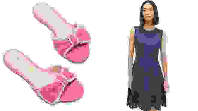 On right, pink slip on sandals. On right, person wearing navy blue dress