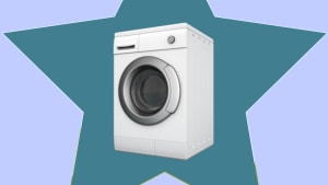 A washing machine inside a star frame on a periwinkle background