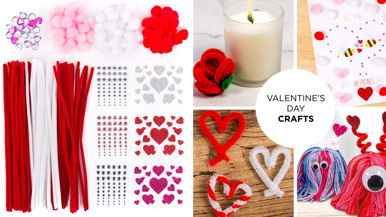 Valentine craft kit with pipe cleaners, pom poms, and gems