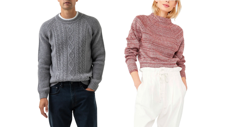 Two individuals wearing textured sweaters, including a chunky, gray cable knit and a cropped, pink-striated sweater.