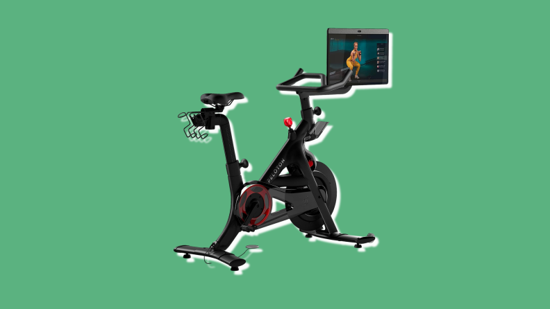 A Peloton Bike+ on a green background.