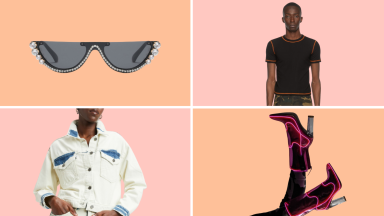 Sunglasses, a black t-shirt, a bleached denim jacket, and light-up pink boots.